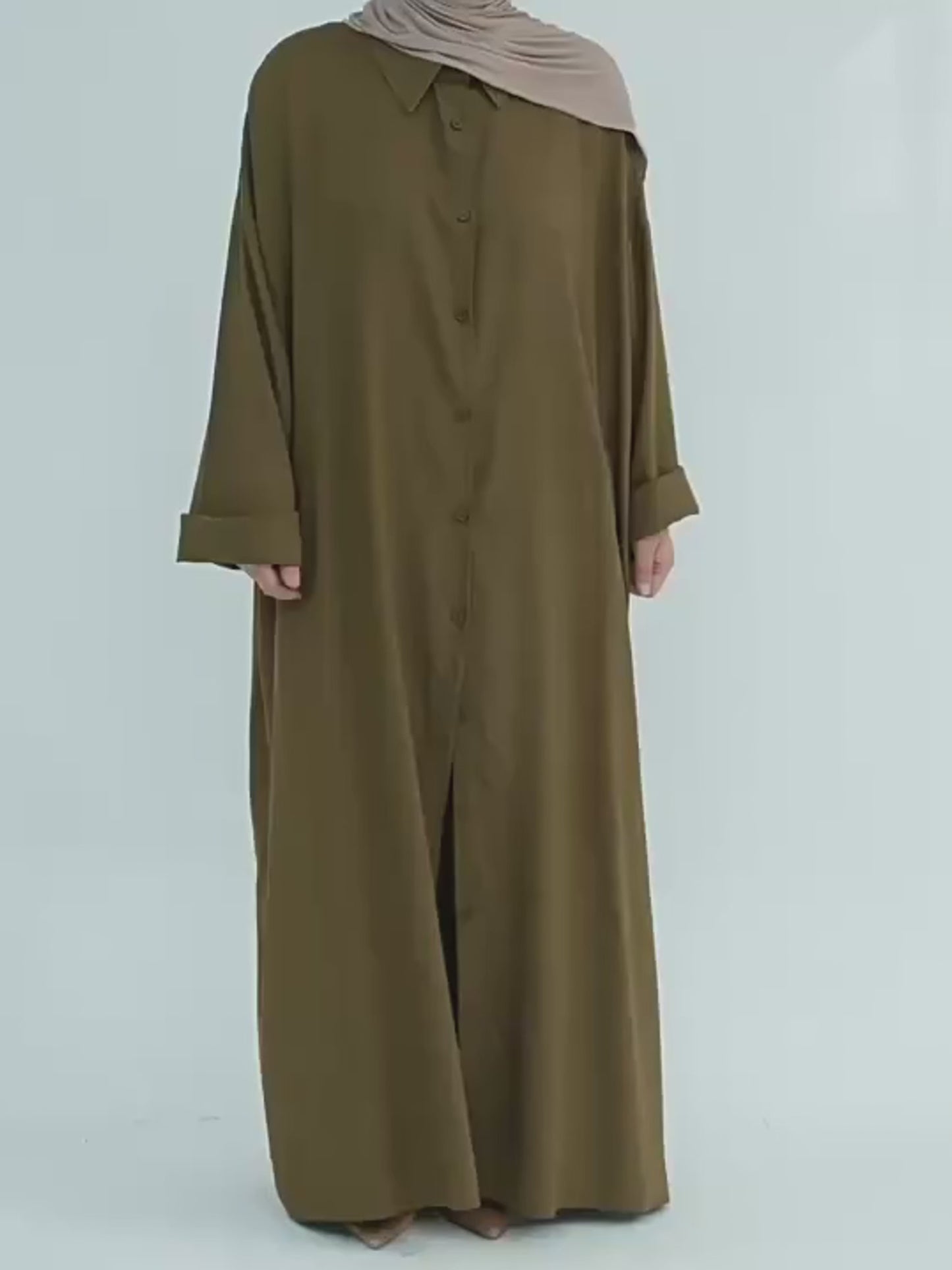 Buttoned Cotton-Linen Abaya Set Camel