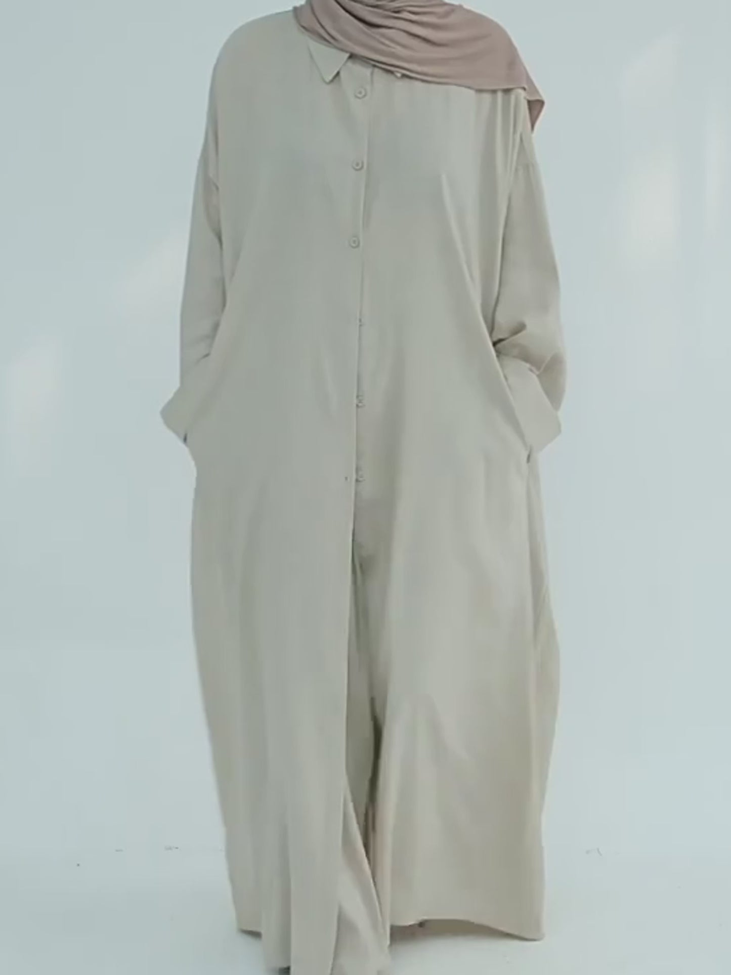 Buttoned Cotton-Linen Abaya Set Apricot